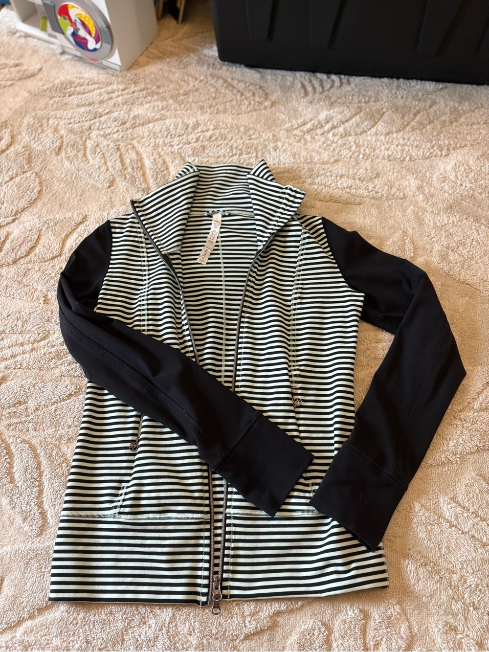 lululemon athletica Black & White Striped Zip Jacket with Black Sleeves